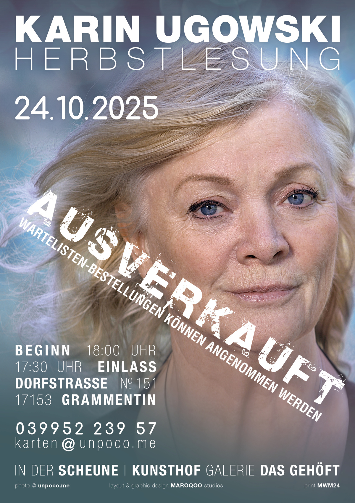 Poster zur Herbstlesung 2025 mit der Schauspielerrin Karin Ugowski